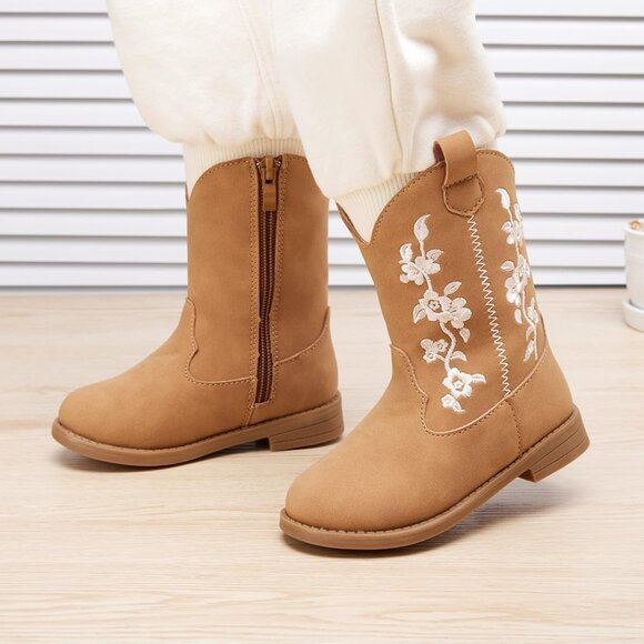 ⚡Girls 4-Brown Microfiber Little Kids Mid Calf Western Pointed Toe Riding Boots - Picture 2 of 6